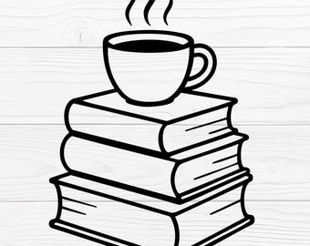 Tazza di caffè su pila di libri contorno SVG PNG