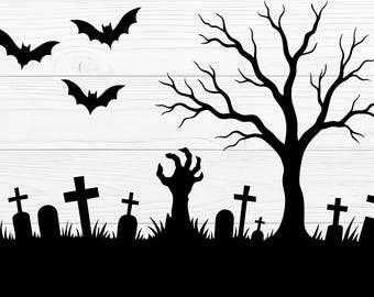 Sagoma del cimitero di Halloween / Lapide, albero morto, pipistrelli (svg, png, eps, jpeg)