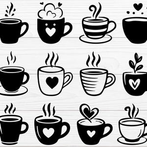 Op de afbeelding: Een verzameling zwart-wit illustraties van koffiekopjes. Ontwerpen omvatten kopjes met harten, stoom en decoratieve elementen. Sommige kopjes staan op schotels, en één is een to-go beker.