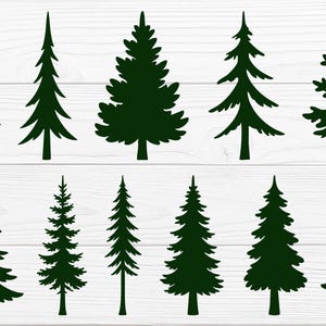 May include: A collection of dark green fir tree silhouettes in various shapes and sizes. The trees are arranged on a white wooden background, perfect for holiday-themed crafts or designs.