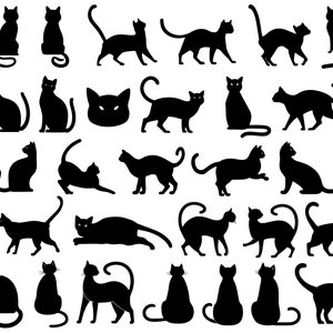 猫のシルエット セット、黒猫のクリップアート バンドル、猫の SVG バンドル、猫の PNG、猫の SVG、黒猫のベクター イラスト