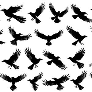 Puede incluir: Un conjunto de 20 siluetas de cuervos negros en varias poses de vuelo. Los cuervos están todos mirando en diferentes direcciones y tienen sus alas extendidas.