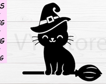 Witch Cat SVG | Halloween Kawaii Black Cat on Broom