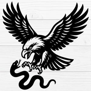 May include: Black and white illustration of an eagle attacking a snake. The eagle has its wings spread wide, talons extended, and beak open. The snake is coiled and facing the eagle. The image is a graphic design, possibly for a tattoo or decal.
