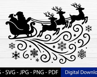 Santa Sleigh Swirl SVG with Reindeer Silhouette with Snowflakes Clipart