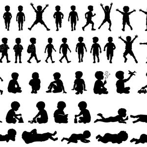 Puede incluir: Una colección de ilustraciones de siluetas negras de niños en varias poses. Las imágenes representan a niños corriendo, saltando, caminando, sentados y jugando con juguetes. Algunos niños se muestran con mochilas.