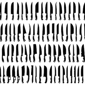 Op de afbeelding: Een verzameling van 75 zwarte silhouetbeelden van verschillende soorten messen. De messen zijn gerangschikt in rijen en kolommen, met elk mes gericht op de kijker.