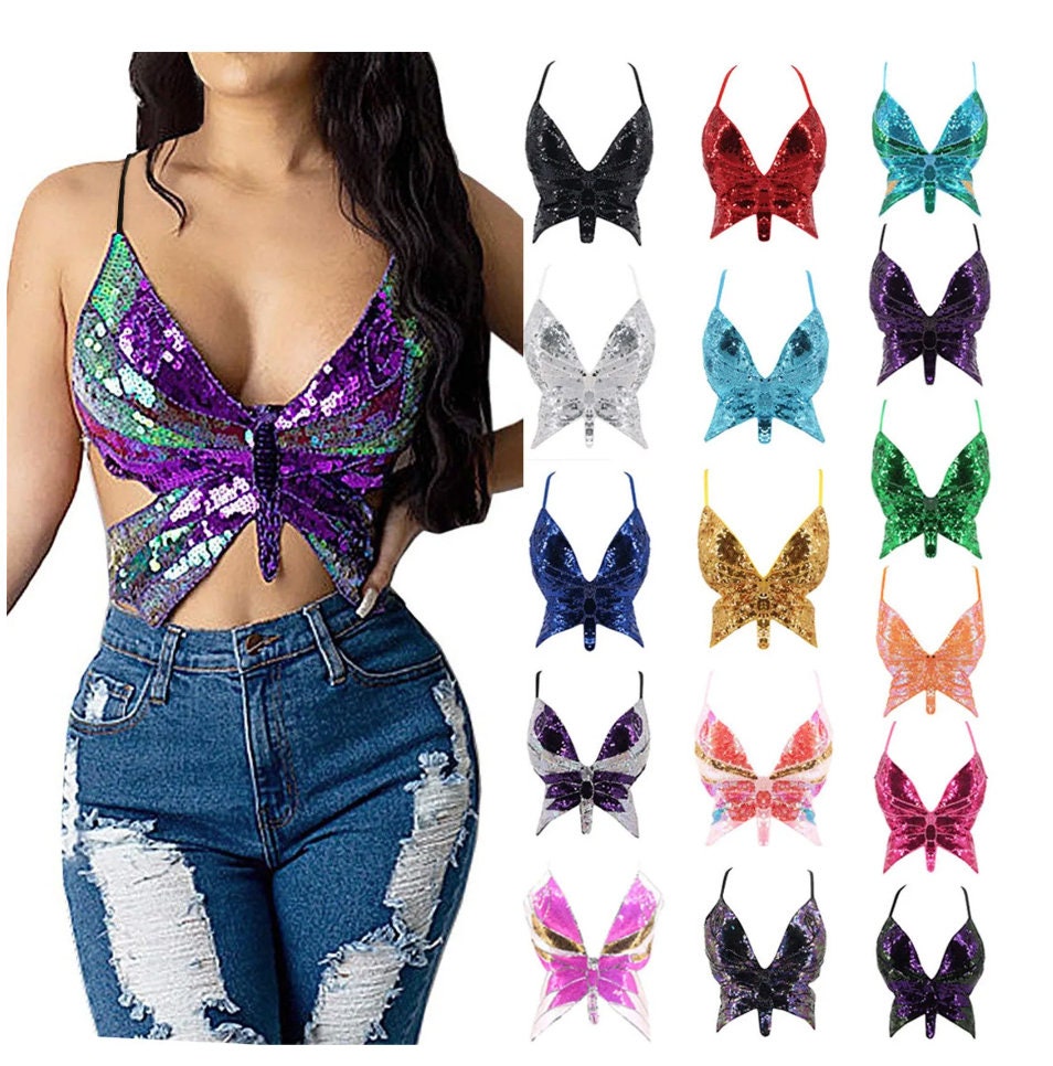 Pink Sequin Crop Top Butterfly Crop Top Festival Bra Festival