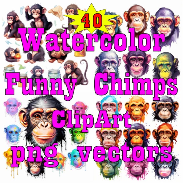 Watercolor Cheeky Chimps, Cheeky Monkey,Clipart Bundle, Cheeky Monkey, Chimps Printable, Chimp png, Chimpanzee Digital Download, Funny Chimp