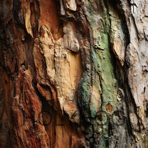 May include: Close-up of tree bark with a rough, textured surface. The bark displays a variety of colors, including shades of brown, orange, green, and gray. The image highlights the natural patterns and textures of the tree's exterior.