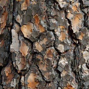 May include: Close-up of tree bark with a rough, textured surface. The bark displays a mix of colors, including shades of brown, gray, and tan. The surface is cracked and layered, creating a natural, organic pattern.