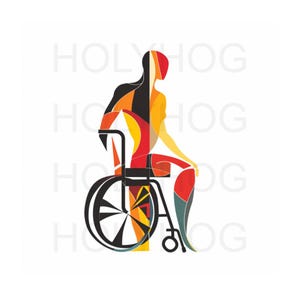 Könnte beinhalten: Abstrakte Illustration einer Person im Rollstuhl. Die Figur besteht aus geometrischen Formen in Schwarz, Rot, Gelb und Orange. Der Rollstuhl ist schwarz mit einem großen Rad.