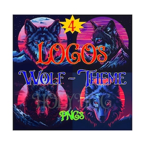 May include: Four wolf-themed logos in a square layout. Each logo features a wolf's head with glowing red eyes, set against a backdrop of a sunset and mountains. The text "LOGOS" and "WOLF - THEME" are displayed prominently.