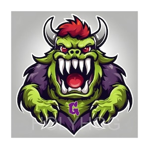 May include: A green monster illustration with red eyes, a red mohawk, and white fangs. The monster has horns and a purple "G" on its chest. The illustration is set against a gray background.