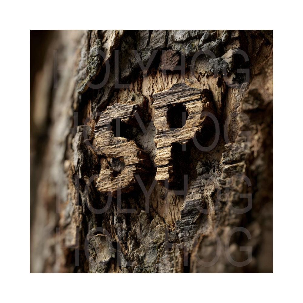 Tree Bark, Carved Letters 