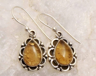 Natural Stone Amber Earrings, Amber Hook Earring, Silver Amber Earrings, Baltic Amber Earrings, Beautiful 925 Sterling Silver, Women Jewelry