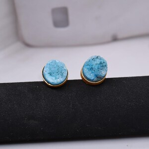 Sky Blue Druzy Gemstone, Gemstone Earrings, Gold Plated Earrings, Stud Earrings, Handmade Jewellery Gift For Her, Natural Sugar Druzy,