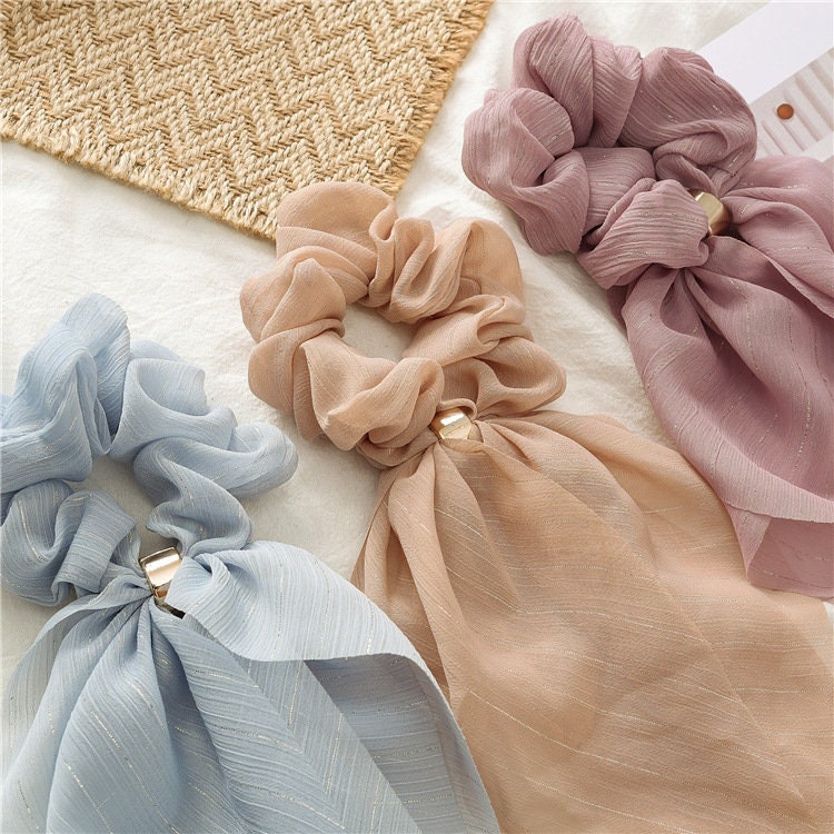 Double Layer Bow Chiffon Long Ribbon Hair Scrunchies Scarf Rubber Hairband Ties Double Layer Bow Chiffon Long Ribbon Hair Scrunchies Scarf Rubber Hairband Ties