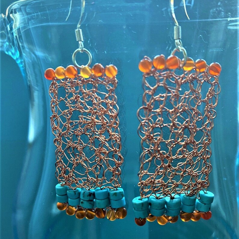 Handmade Copper Crocheted Earrings Summer Style 925 Sterling Silver Ear Hooks Natural Semi Precious Carnelian and Turquoise Gemstones