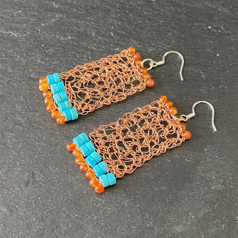 Handmade Copper Crocheted Earrings Summer Style 925 Sterling Silver Ear Hooks Natural Semi Precious Carnelian and Turquoise Gemstones