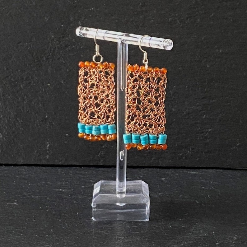 Handmade Copper Crocheted Earrings Summer Style 925 Sterling Silver Ear Hooks Natural Semi Precious Carnelian and Turquoise Gemstones