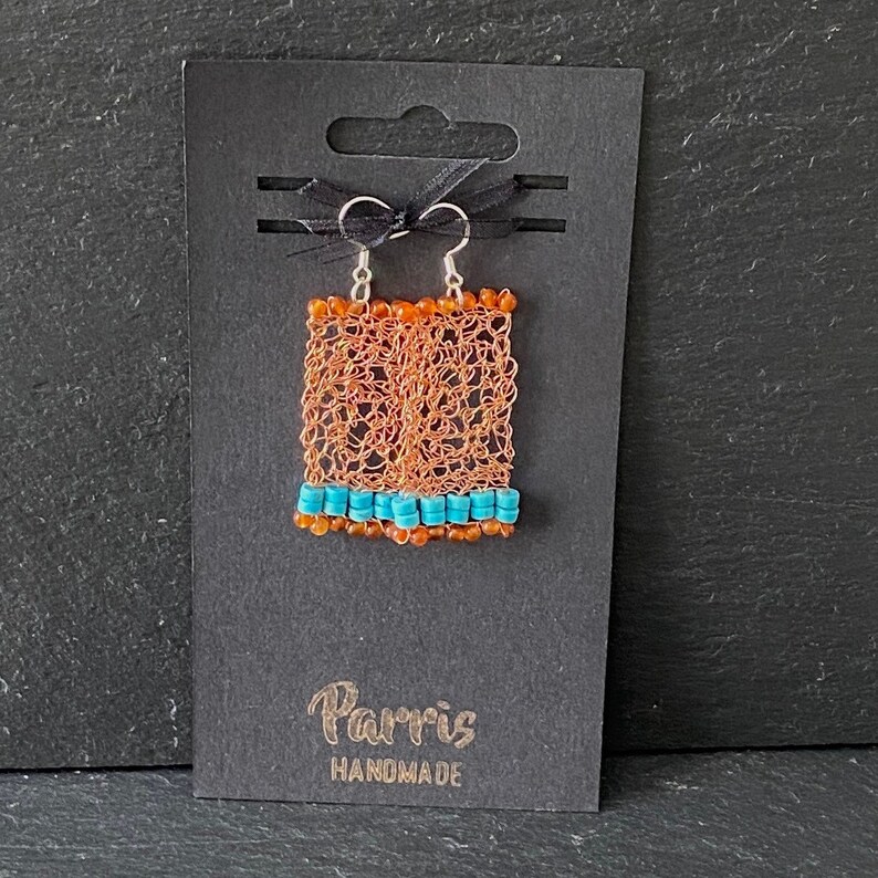 Handmade Copper Crocheted Earrings Summer Style 925 Sterling Silver Ear Hooks Natural Semi Precious Carnelian and Turquoise Gemstones