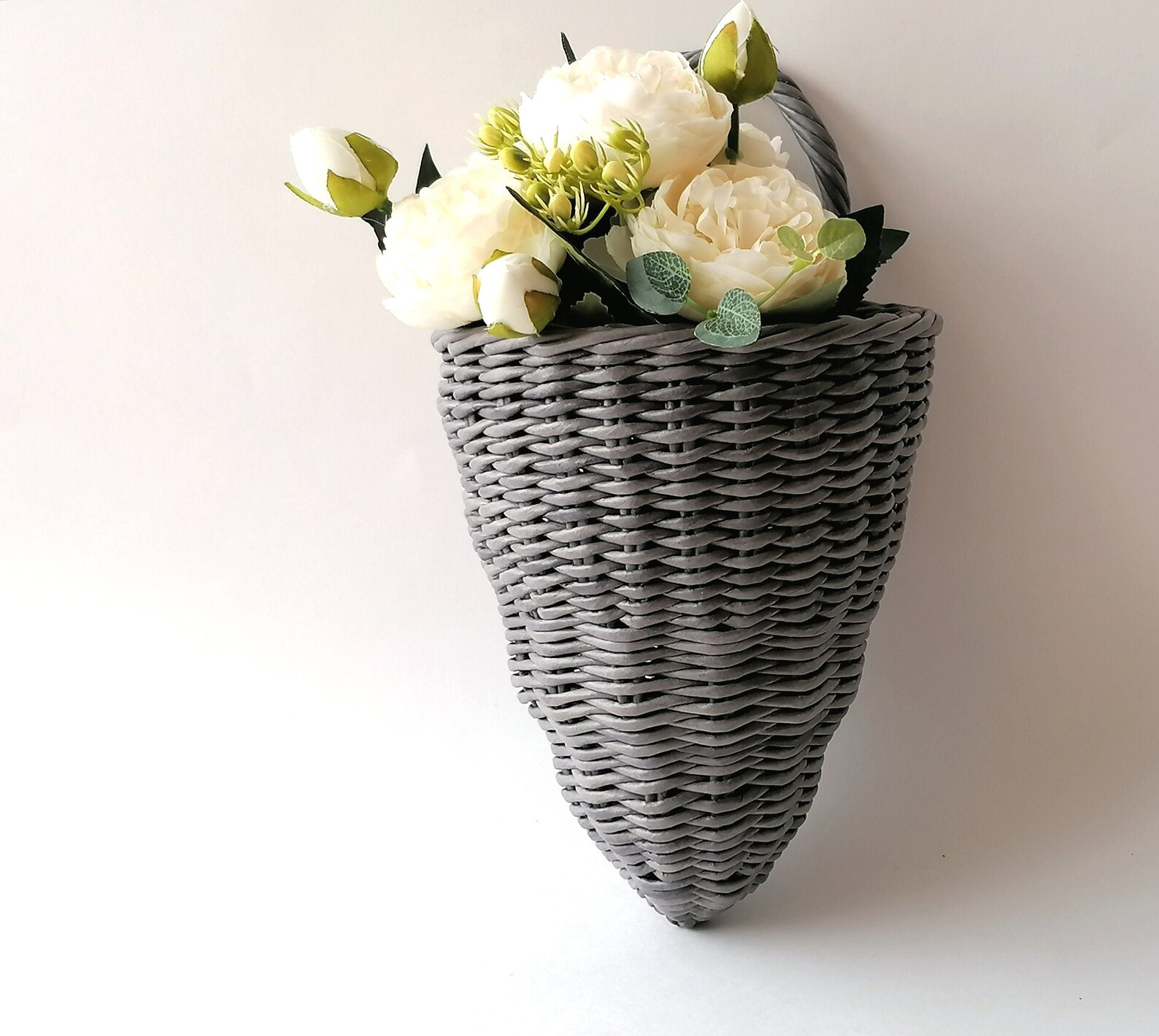 Wicker wavy wall hanging basket Gray front door decor Etsy