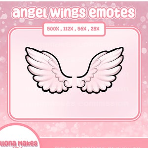 May include: A set of pink angel wings with a black outline. The wings are in a cartoon style and are perfect for use as an emote. The text "angel wings emote pack made with love" is at the bottom of the image.
