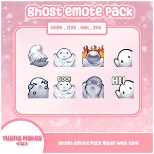 Puede incluir: Un conjunto de ocho emoticonos de fantasmas en varias poses, incluyendo un fantasma con una sábana, un fantasma con una llama, un fantasma que dice "BOO!" y un fantasma que dice "HI!" Los emoticonos están en una cuadrícula sobre un fondo rosa con el texto "ghost emote Pack made with love" en la parte inferior.