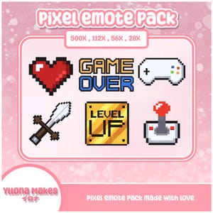 May include: A set of pixel art emotes featuring a red heart, a game over sign, a sword, a level up sign, a joystick, and a gamepad. The emotes are in a variety of sizes, ranging from 28x to 500x pixels.