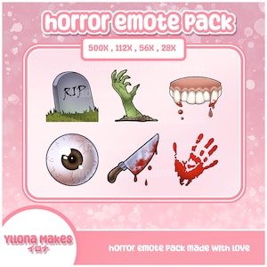 Puede incluir: Un conjunto de seis emoticonos de temática de terror. Los emoticonos incluyen una lápida con el texto "RIP", una mano de zombi, un conjunto de dientes de vampiro, un cuchillo ensangrentado, una huella de mano ensangrentada y un globo ocular grande.