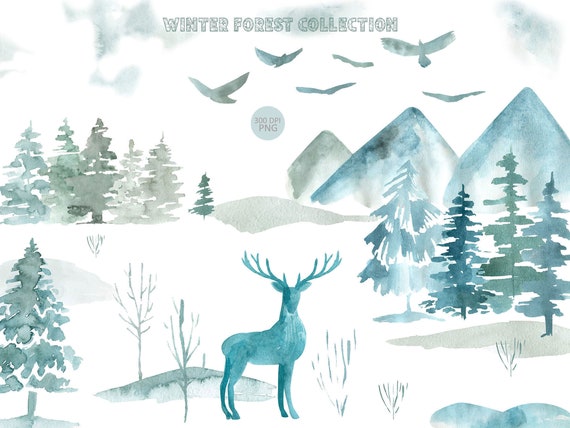 Mystical Winter Forest Clipart Watercolor Woodland Landscape Etsy