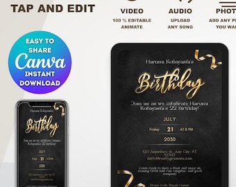 Birthday Invitation- -Birthday Invite-Birthday Flyer-black-gold-video-mp4, Canva Template, Editable 5x7 Printable Invite, Digital Download