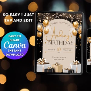 Black and Gold Birthday Invitation: Editable Canva Template (digital ...