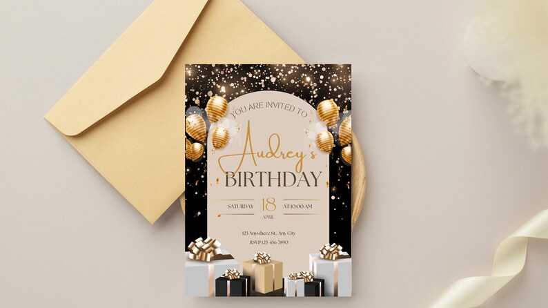 Black and Gold Birthday Invitation: Editable Canva Template (digital ...