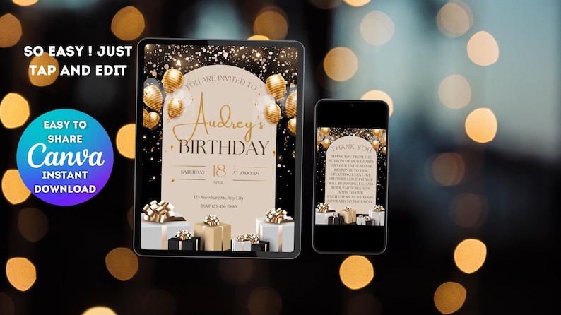 Black and Gold Birthday Invitation: Editable Canva Template (digital ...