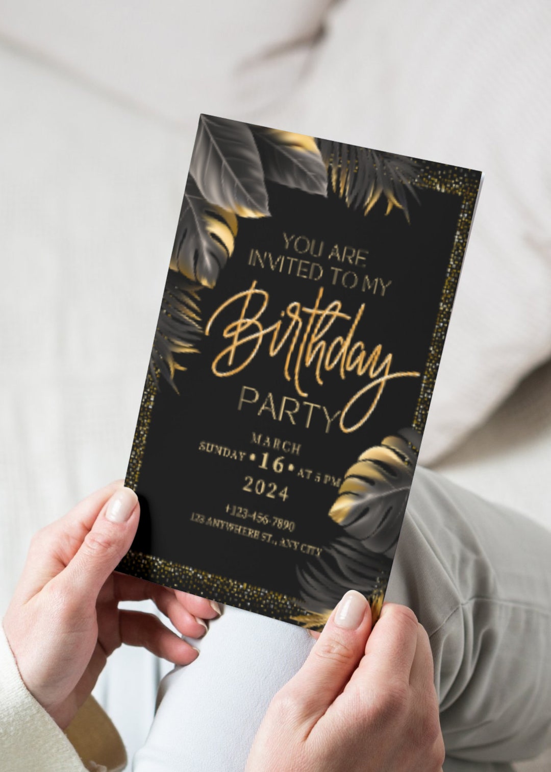 Black and Gold Birthday Invitation: Editable Canva Template (digital ...