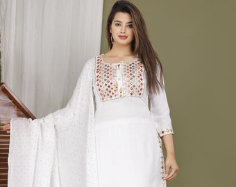 New Summer Wear Special Dress.Indian Women Designer Embroidery Mirror Gota Less Work Full Stitched Readymade White Kurti Pant With Dupatta.