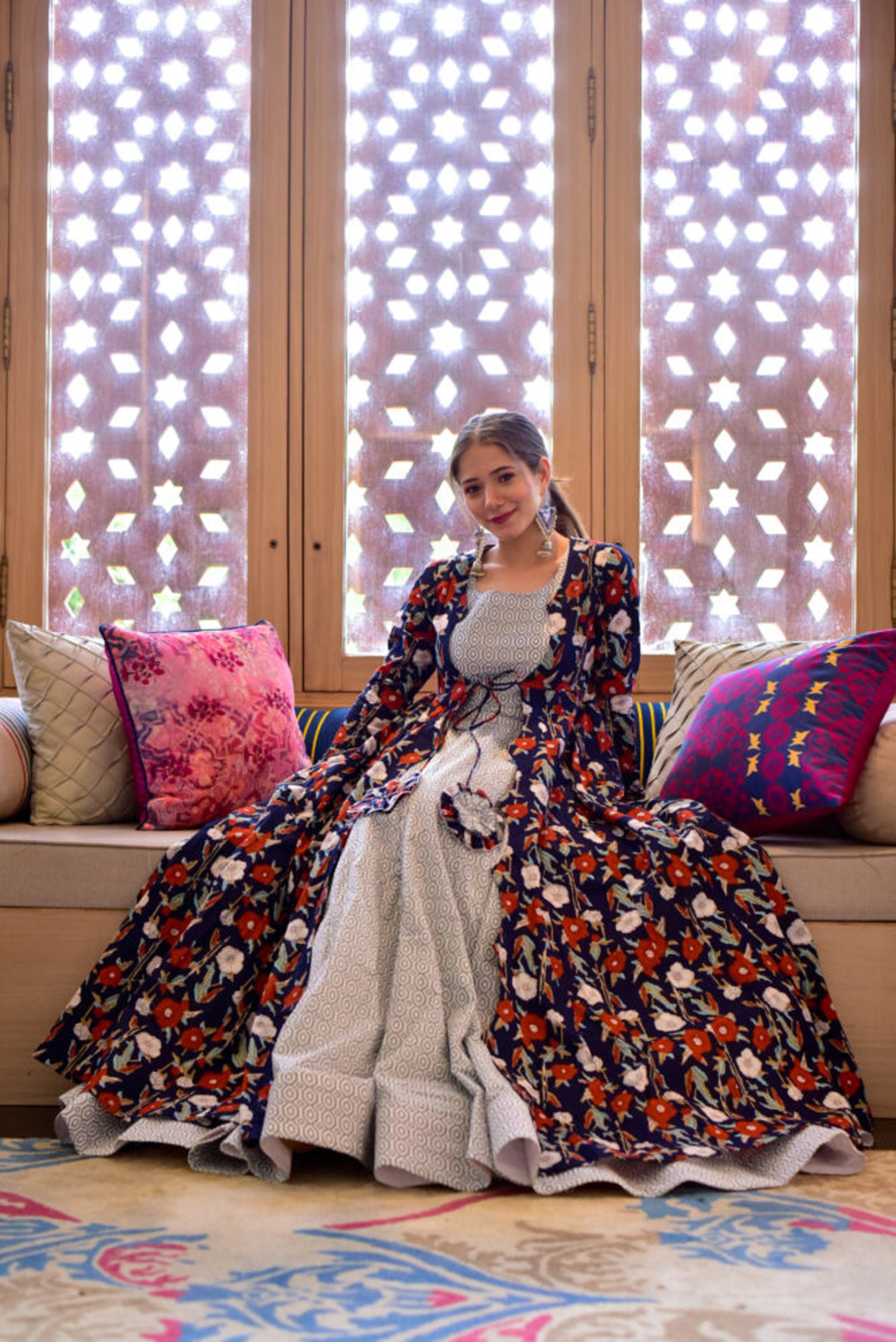 Designer White Anarkali Gown With Long Shrug