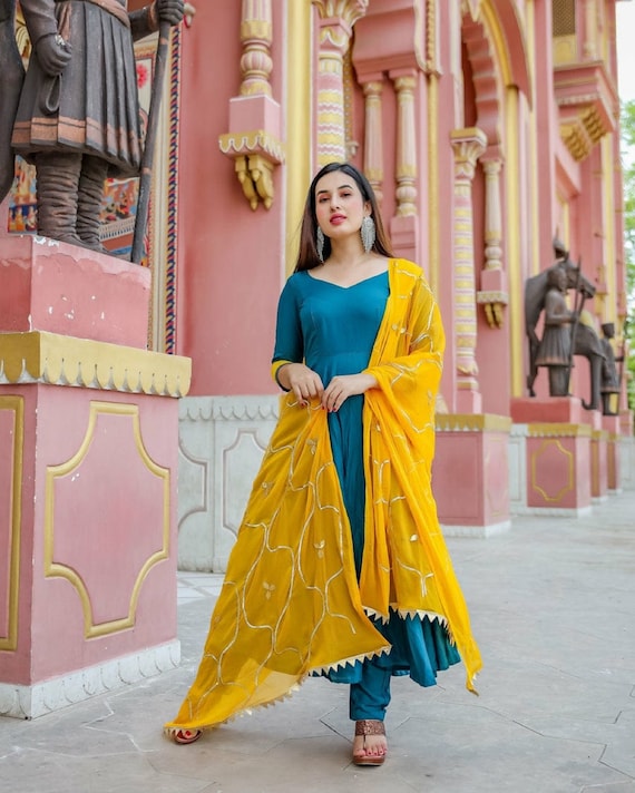 Beautiful Gota Lace Work Orange Anarkali Rayon Women Kurti Pant With  Dupatta Set | eBay