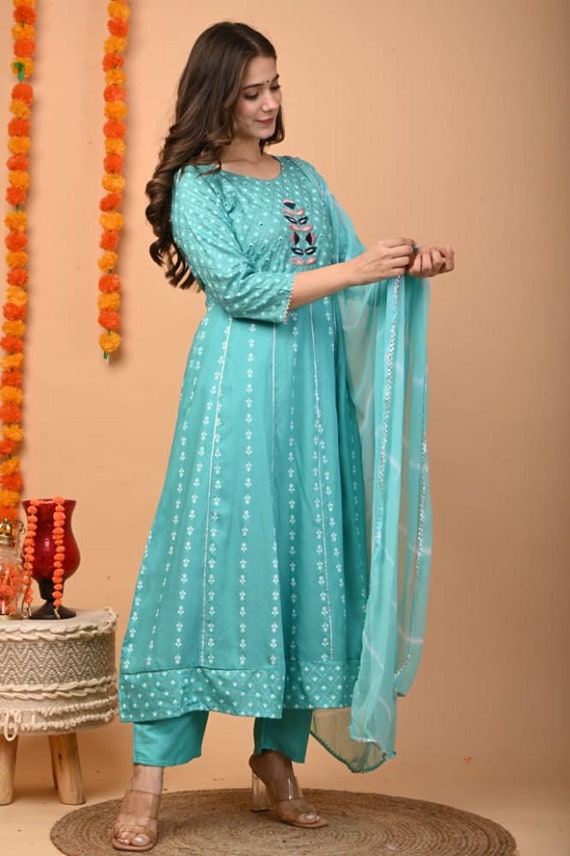 Royal Blue Anarkali Suit With Embroidered Sleeves – LIBAS CAFE