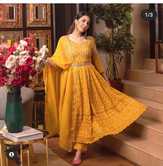 Diwali Special Pooja Dress Special For Women/Girls,Indian Chikan Kari Fabric Anarkali Long Gown Kurti With Organza Dupatta Set,Anrkali Kurti
