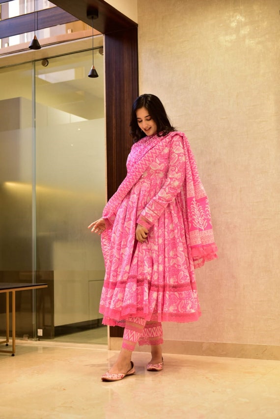 Buy AMIBUOYANT Women Pink Cotton Block Angrakha Style Side Latkan Kurti  with Pant and Dupatta Online at Best Prices in India - JioMart.