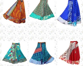 20 PC Indian Vintage Silk Wrap Skirt Printed Women Dress Wrap Skirt Indian Silk Magic Women Dress Gypsy Hippie Boho Double Layer Skirt.