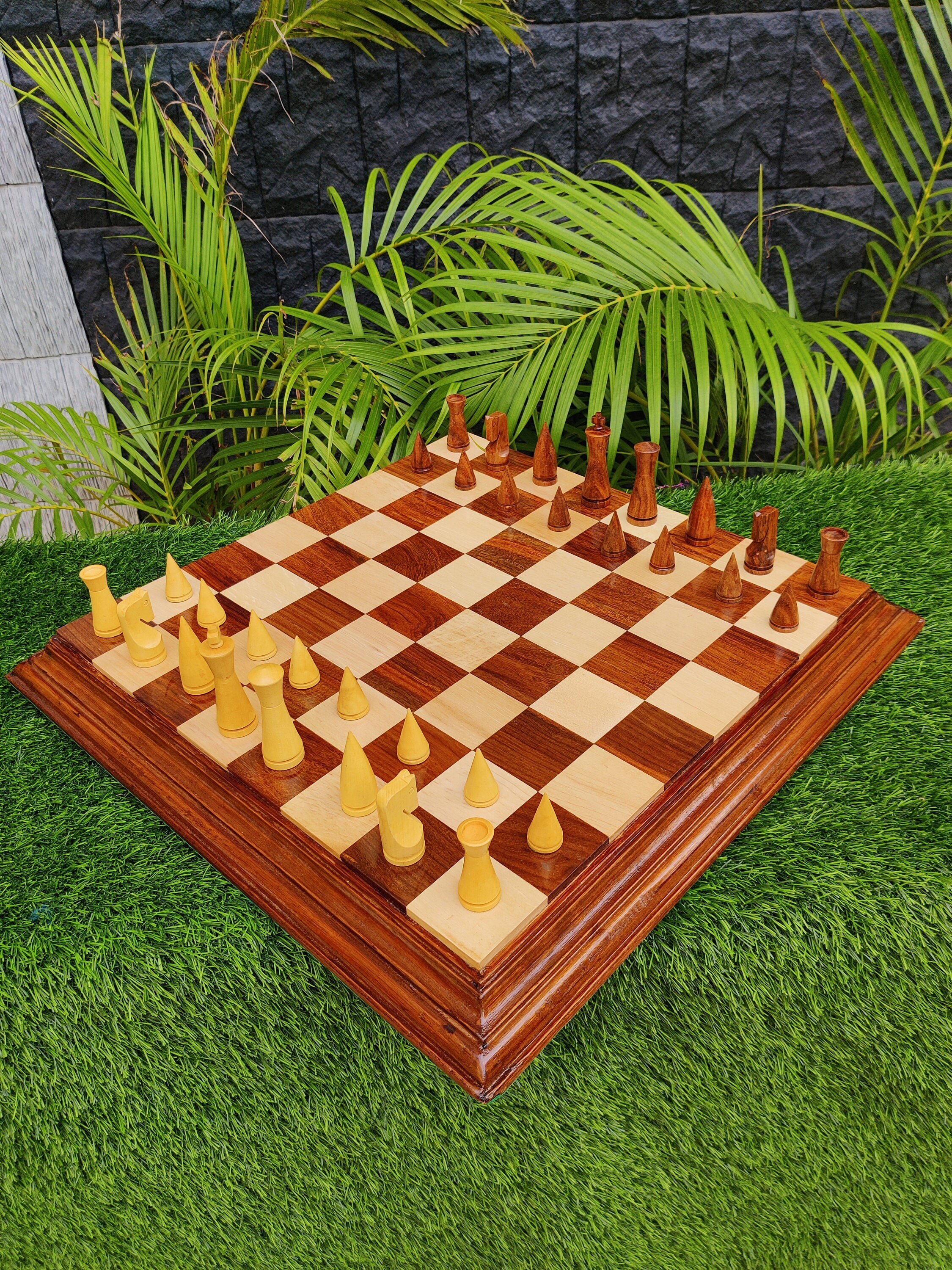 21*21 Inches Indian Handmade Wooden Unique End Grain Border Elevated Super Fine Smooth Polish.Ebony Wood Lacquered Christmas Chess Set. 21*21 Inches Indian Handmade Wooden Unique End Grain Border Elevated Super Fine Smooth Polish.Ebony Wood Lacquered Christmas Chess Set.