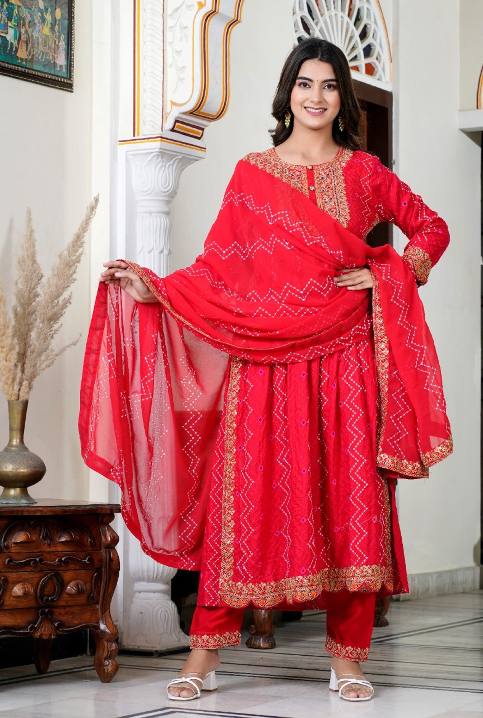 Wedding/festival/diwali Special Wear Dress.indian Bollywood Women Anarkali  Designer Red Embroidery Work Kurti and Legi With Dupatta Set. 