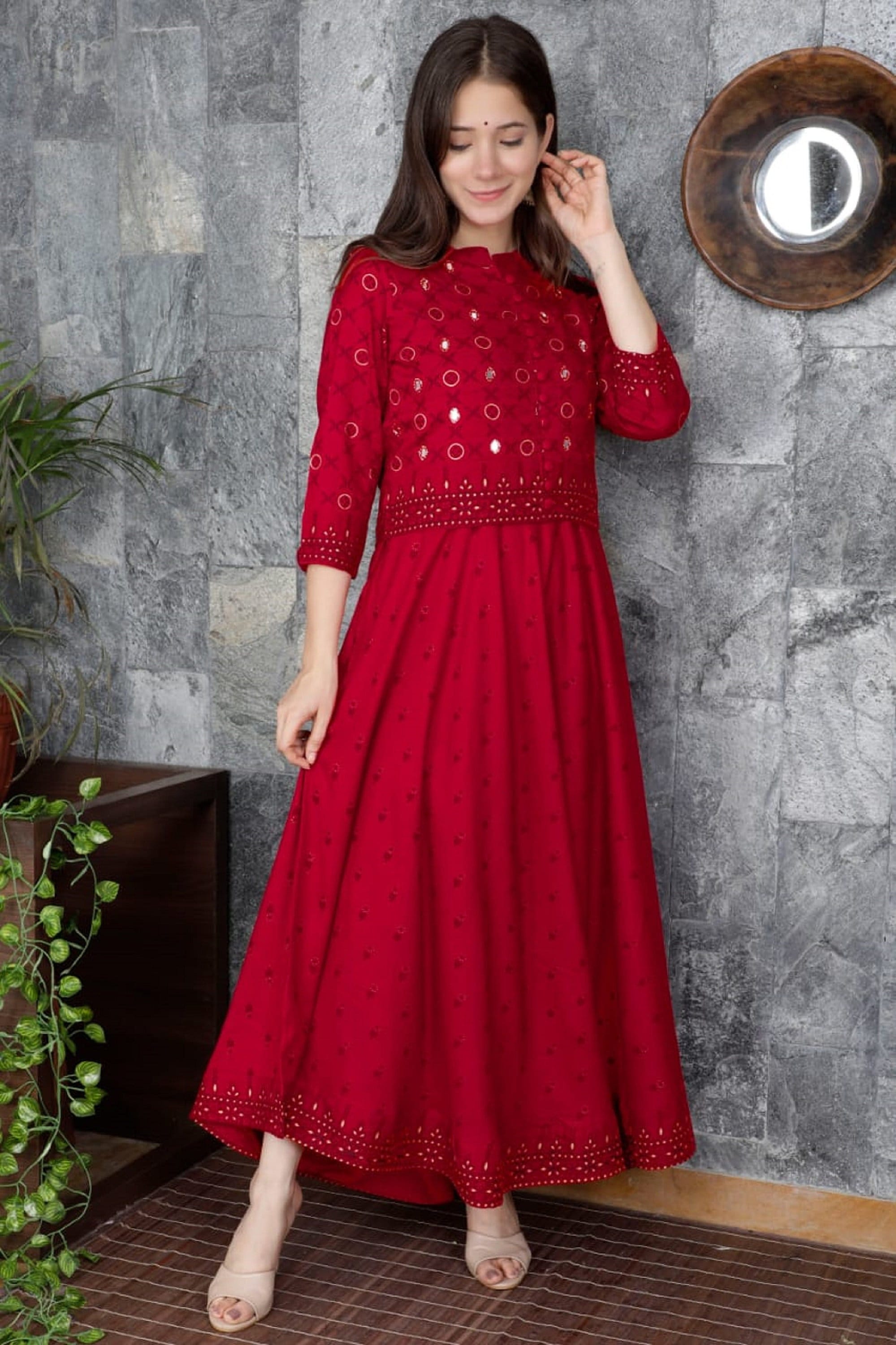 Wedding/festival/diwali Special Wear Dress.indian Bollywood Women Anarkali  Designer Red Embroidery Work Kurti and Legi With Dupatta Set. 