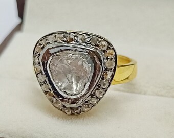Anillo de diamantes Polki naturales, anillo de plata 925, hermoso anillo victoriano, anillo para mujer, anillo de plata de ley 925 con diamantes Polki, anillo navideño Polki