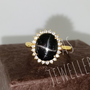 Black Star Sapphire Ring: Gold Plated Sterling Silver, CZ Diamond Halo