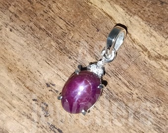 Natural Star Ruby Pendant: 925 Sterling Silver, CZ Diamond Accent